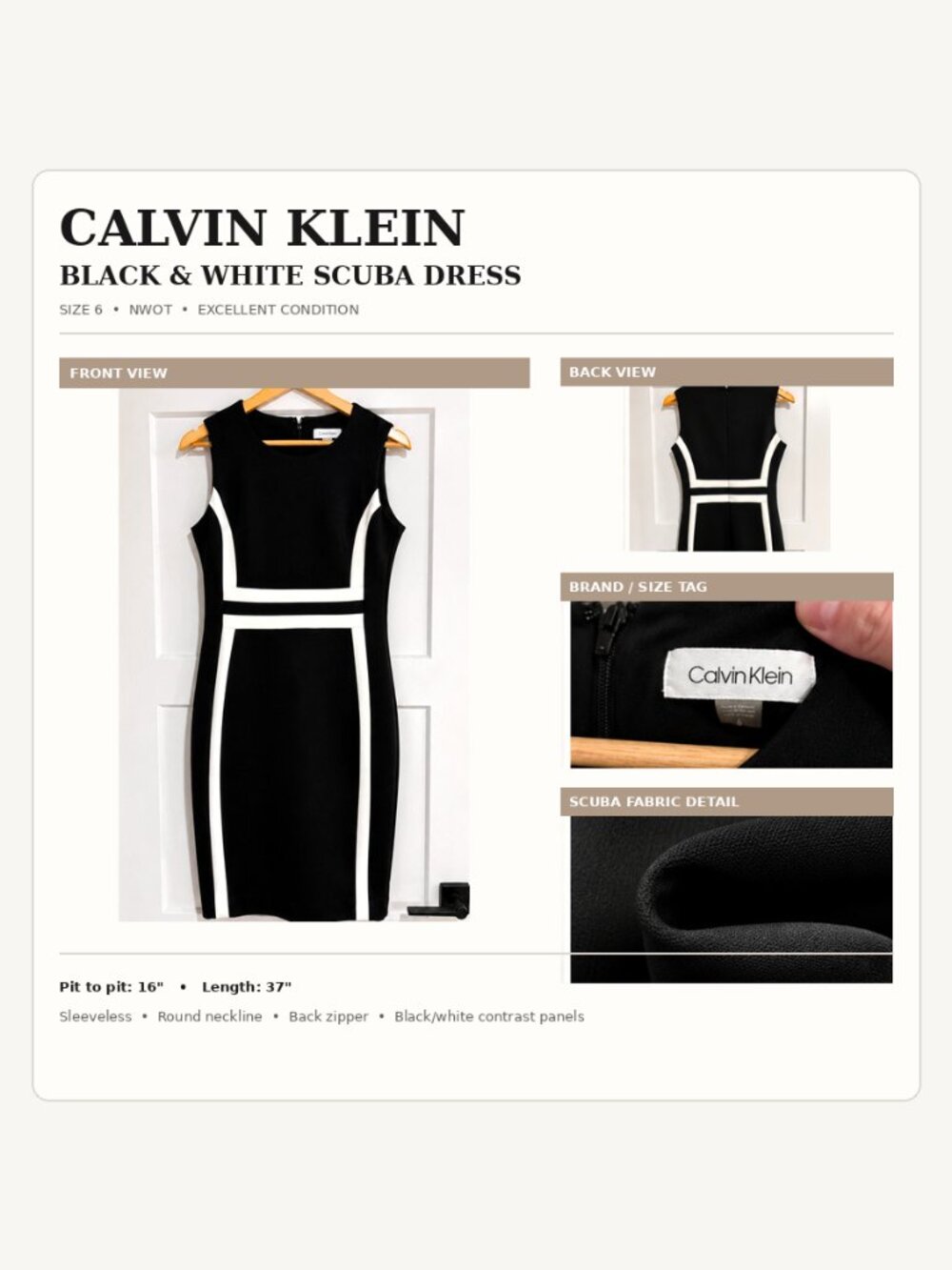 Calvin Klein Black & White Scuba Sheath Dress Size 6 NWOT